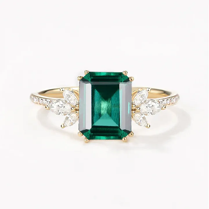 Emerald Cut Moss Agate & Moissanite Gold Cluster Engagement Ring