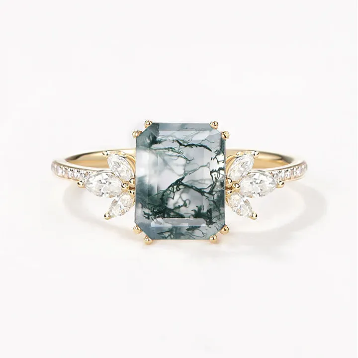 Emerald Cut Moss Agate & Moissanite Gold Cluster Engagement Ring