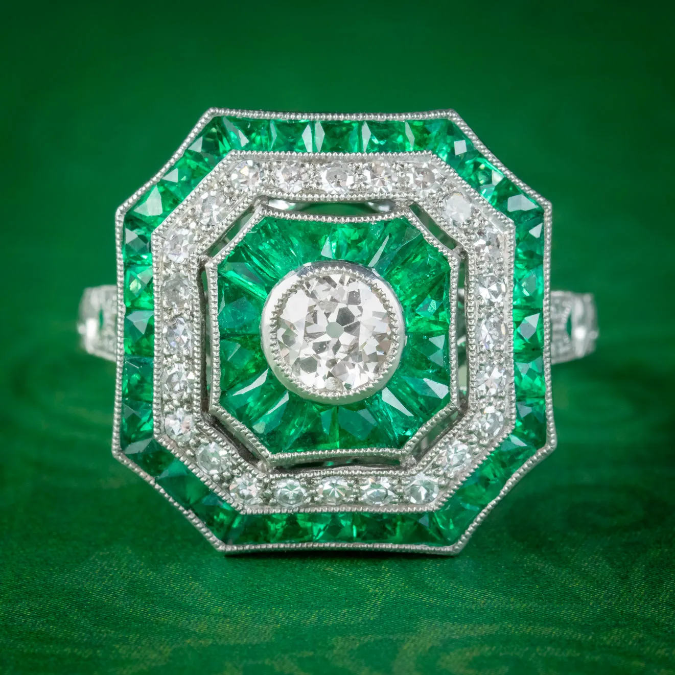 Emerald Diamond Cluster Ring Platinum 1.50ct Emerald 1.30ct Diamond