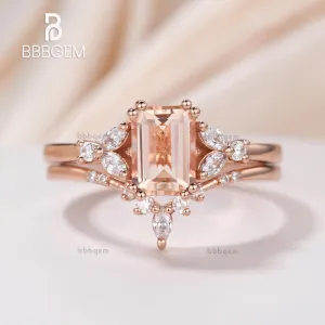 Emerald Shape Morganite Rose Gold Side Stones Engagement Ring Set Curve Moissanite Nesting Band