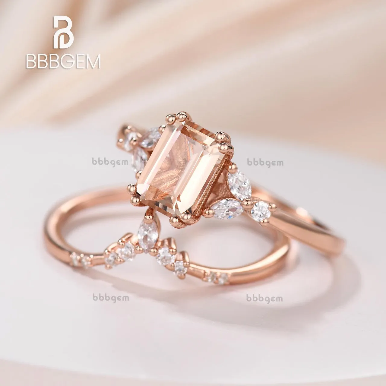 Emerald Shape Morganite Rose Gold Side Stones Engagement Ring Set Curve Moissanite Nesting Band