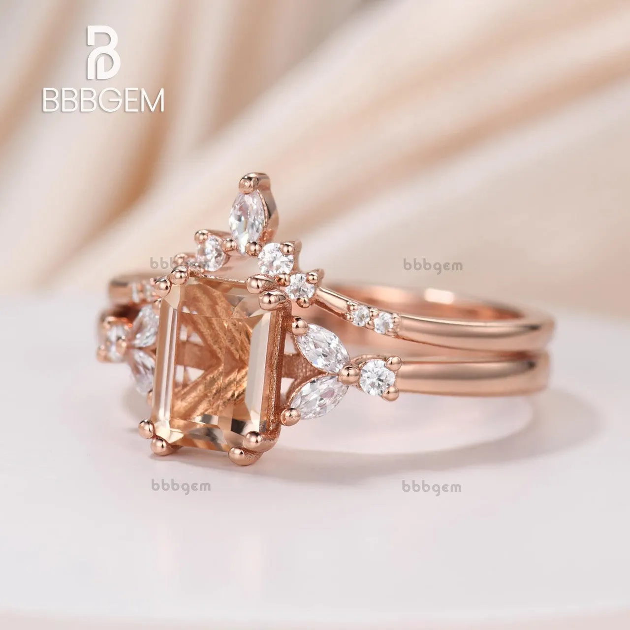 Emerald Shape Morganite Rose Gold Side Stones Engagement Ring Set Curve Moissanite Nesting Band