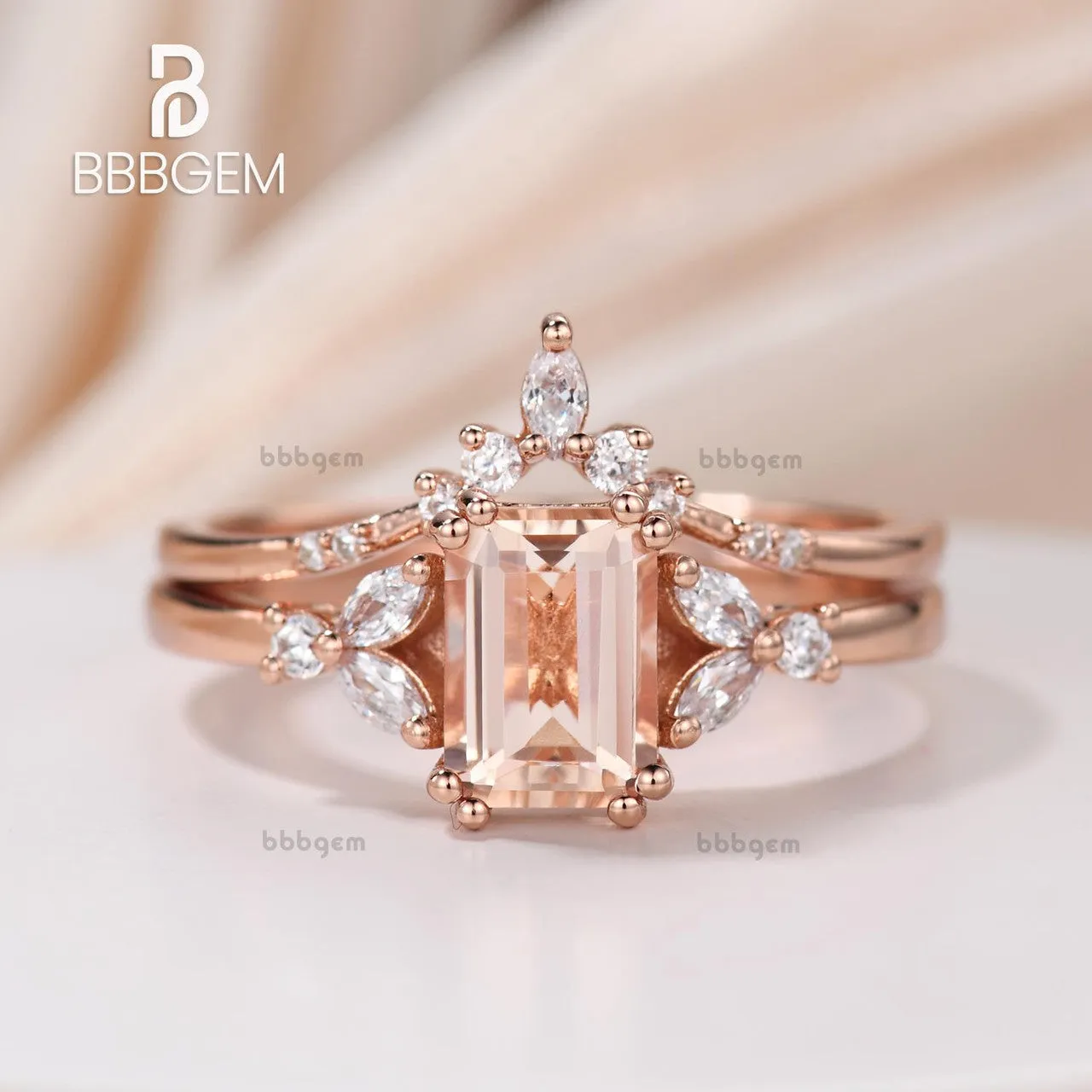 Emerald Shape Morganite Rose Gold Side Stones Engagement Ring Set Curve Moissanite Nesting Band