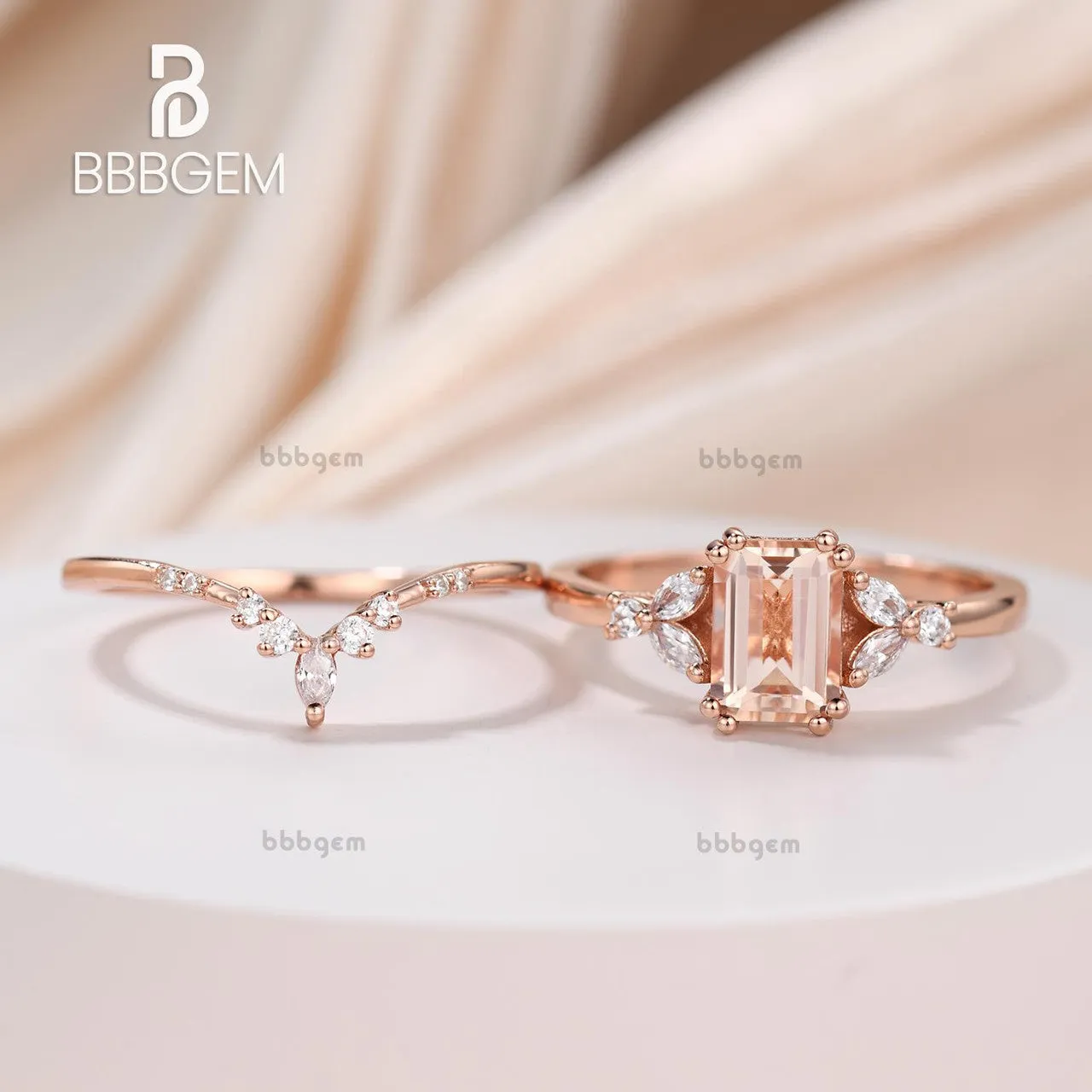 Emerald Shape Morganite Rose Gold Side Stones Engagement Ring Set Curve Moissanite Nesting Band