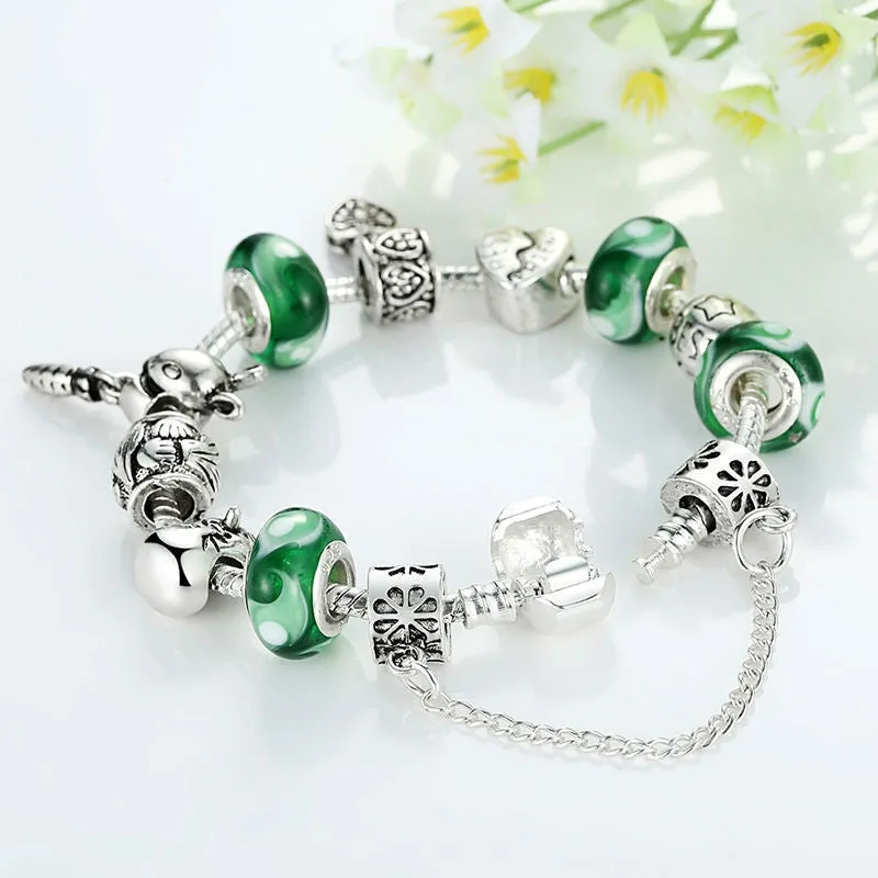 Fashion 925 Silver Green Bead Animal Best Friend Charm Bracelet with Safety Chain for Women Original Jewelry