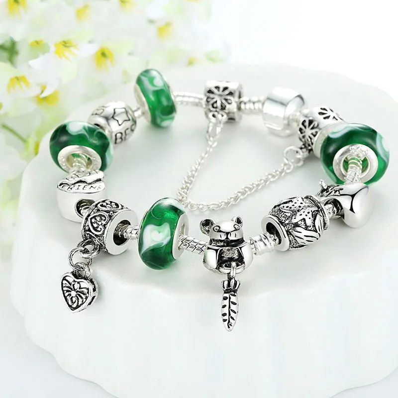 Fashion 925 Silver Green Bead Animal Best Friend Charm Bracelet with Safety Chain for Women Original Jewelry