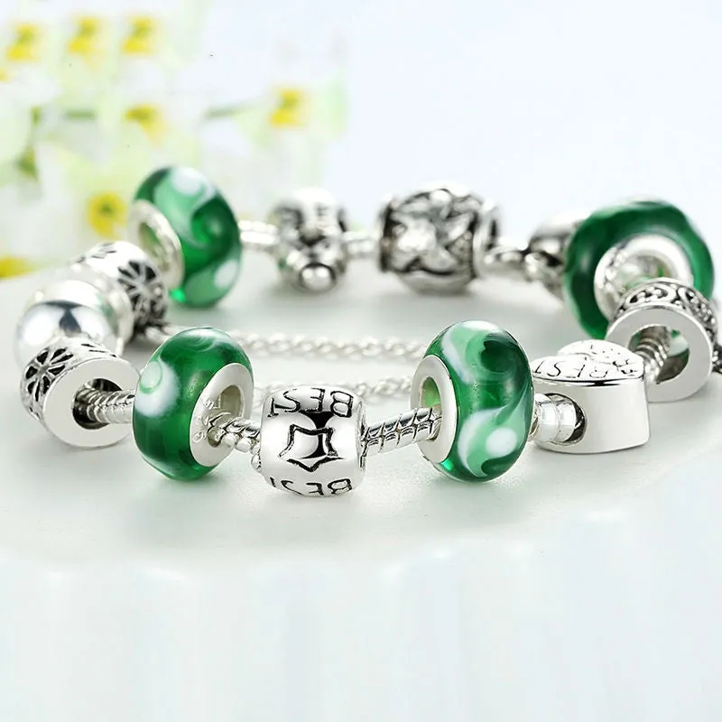 Fashion 925 Silver Green Bead Animal Best Friend Charm Bracelet with Safety Chain for Women Original Jewelry