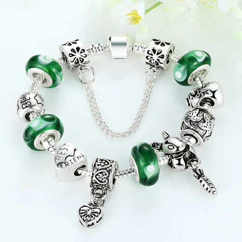 Fashion 925 Silver Green Bead Animal Best Friend Charm Bracelet with Safety Chain for Women Original Jewelry