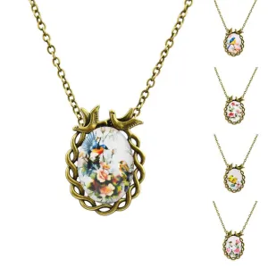 Fashion Art Picture Glass Cabochon Pendant Necklace Vintage Bronze Flower Statement Chain Necklace Summer Style Fine Jewelry