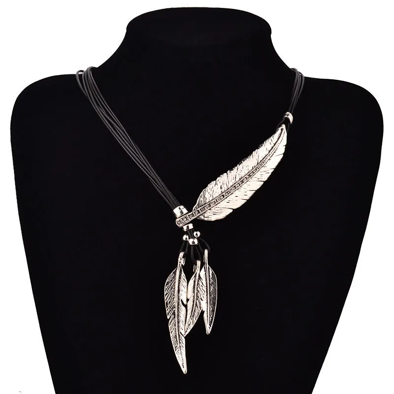 Fashion Bohemian Style Black Rope Chain Feather Pattern Pendant Necklace For Women Fine Jewelry Collares Statement Necklace