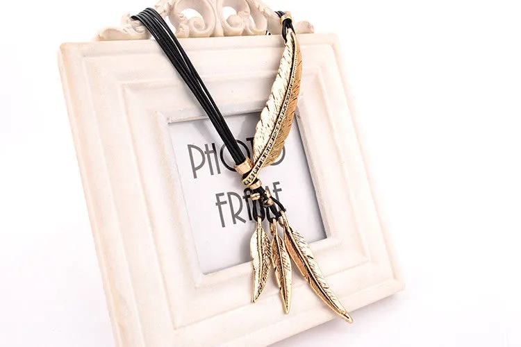 Fashion Bohemian Style Black Rope Chain Feather Pattern Pendant Necklace For Women Fine Jewelry Collares Statement Necklace