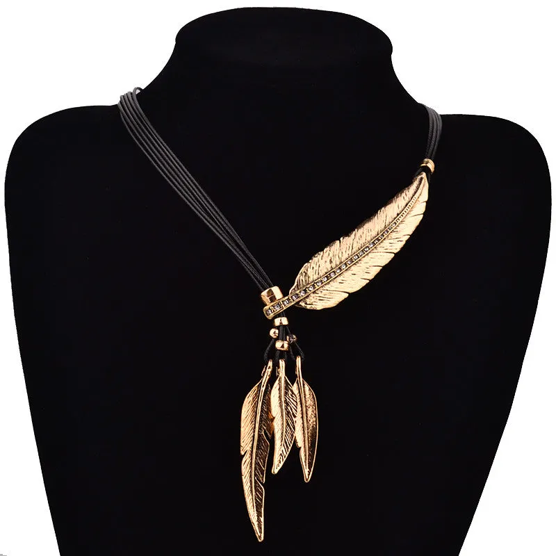 Fashion Bohemian Style Black Rope Chain Feather Pattern Pendant Necklace For Women Fine Jewelry Collares Statement Necklace