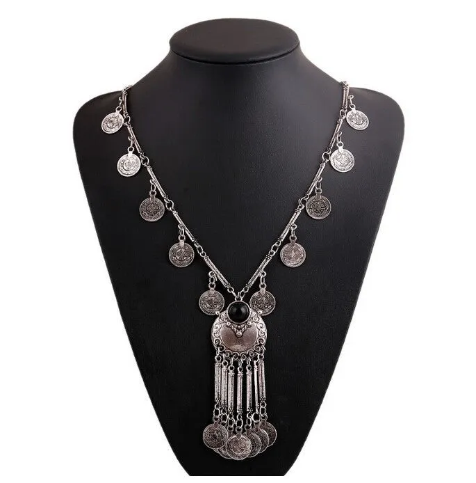 Fashion Boho Jewelry Long Tassel Necklace for Women Vintage Antique Silver Coins Necklaces & Pendants Bohemia Maxi Collares