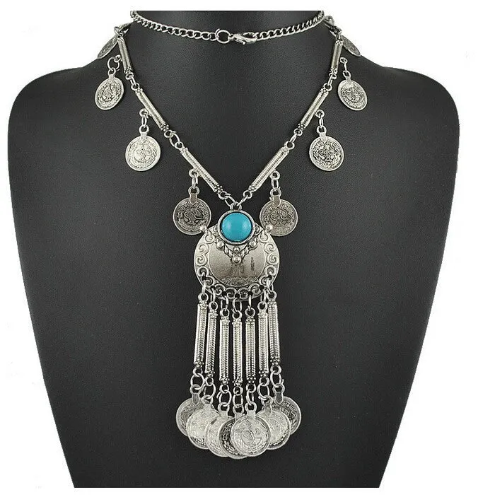 Fashion Boho Jewelry Long Tassel Necklace for Women Vintage Antique Silver Coins Necklaces & Pendants Bohemia Maxi Collares