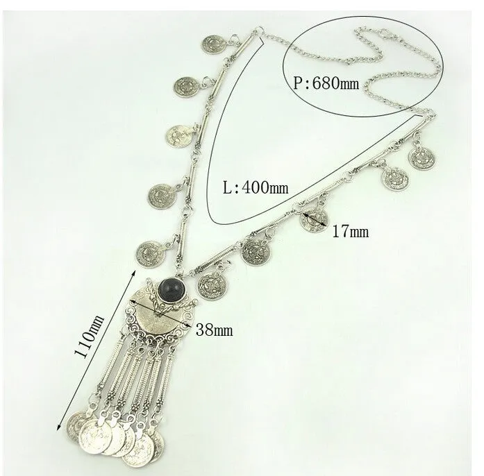 Fashion Boho Jewelry Long Tassel Necklace for Women Vintage Antique Silver Coins Necklaces & Pendants Bohemia Maxi Collares