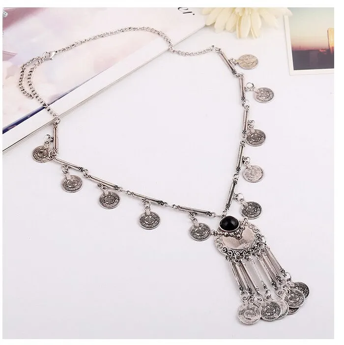 Fashion Boho Jewelry Long Tassel Necklace for Women Vintage Antique Silver Coins Necklaces & Pendants Bohemia Maxi Collares