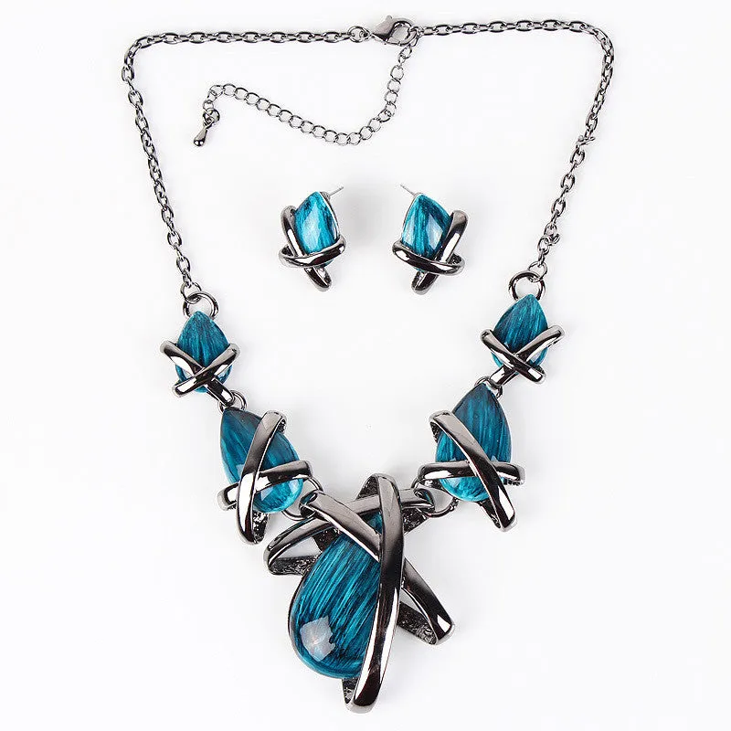 Fashion Brand Jewelry Sets Gunmetal Plated 4 Colors Blue Necklace Set Bridal Jewelry High Quality Party Gifts