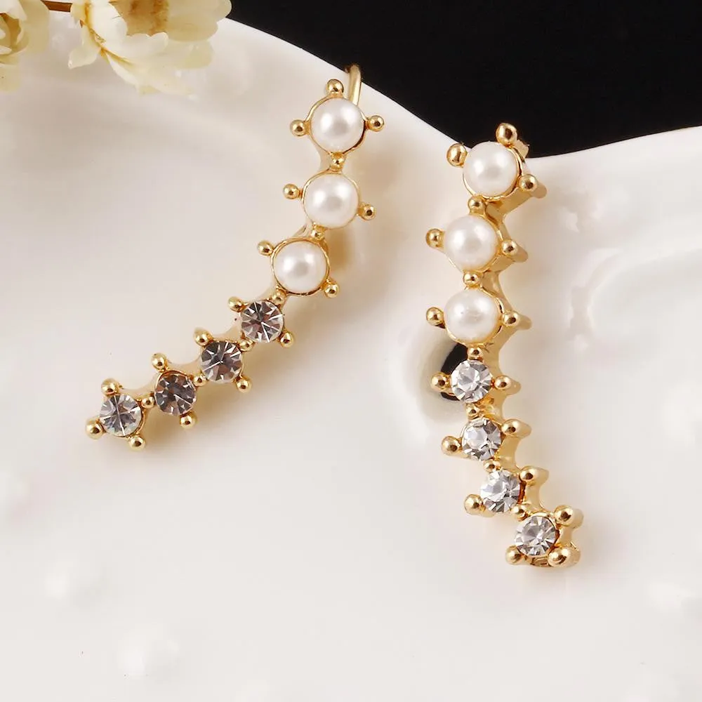 Fashion Hot Ladies Womens Sweet Gold Color simulated Pearl Crystal 6 Beads Cuff Ear Clips Earring Style Earrings Jewelry