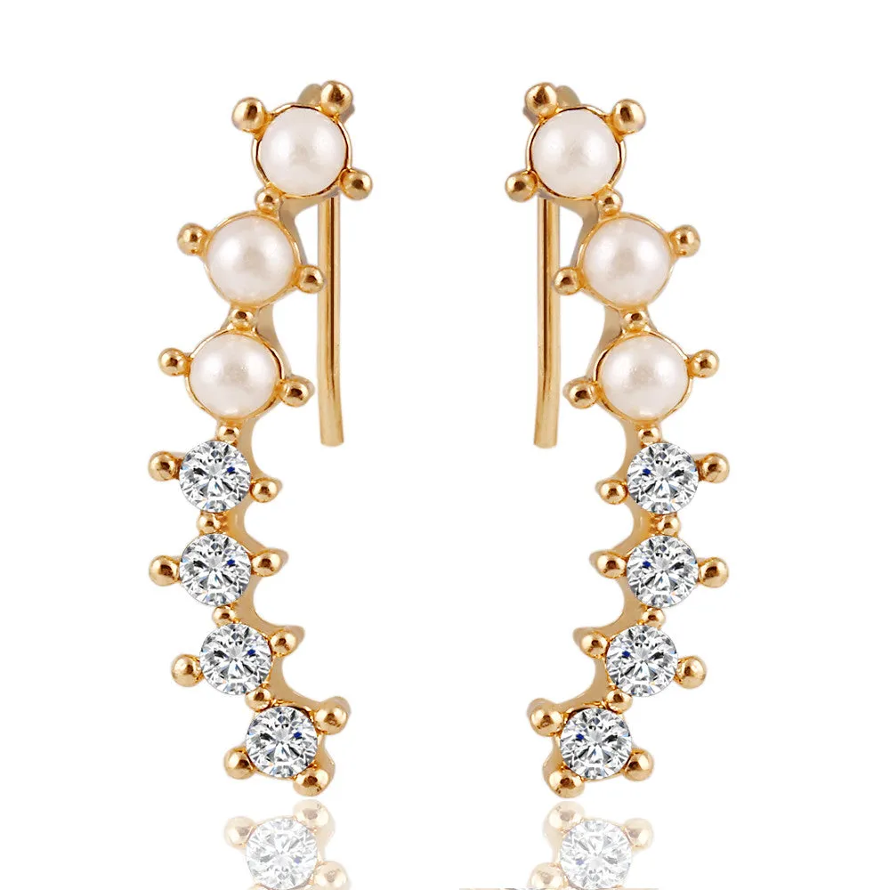 Fashion Hot Ladies Womens Sweet Gold Color simulated Pearl Crystal 6 Beads Cuff Ear Clips Earring Style Earrings Jewelry