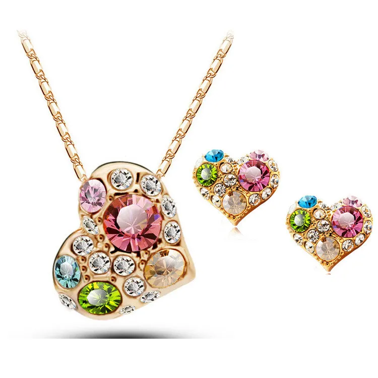 Fashion Jewelry for women 18K Rose Gold Plated Crystal Wedding Bridal Asymmetrical Heart Color Jewelry sets