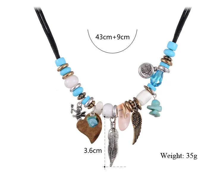 Fashion Jewelry New Turquoise Pendant Necklaces Blue Beads Shell Leaf Shape Handcraft Rope Chain Necklace Statement Bijoux