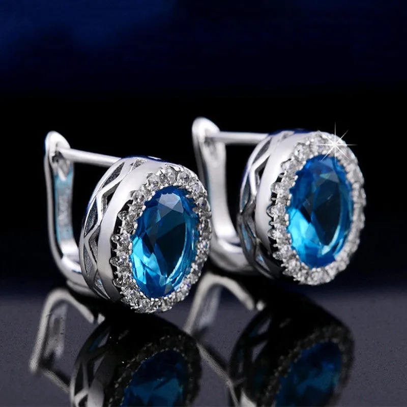 Fashion Platinum Plated Earring Stud with 3 ct Oval Cut Blue Zircon & Micro Paved Clear Zircon Women Earrings