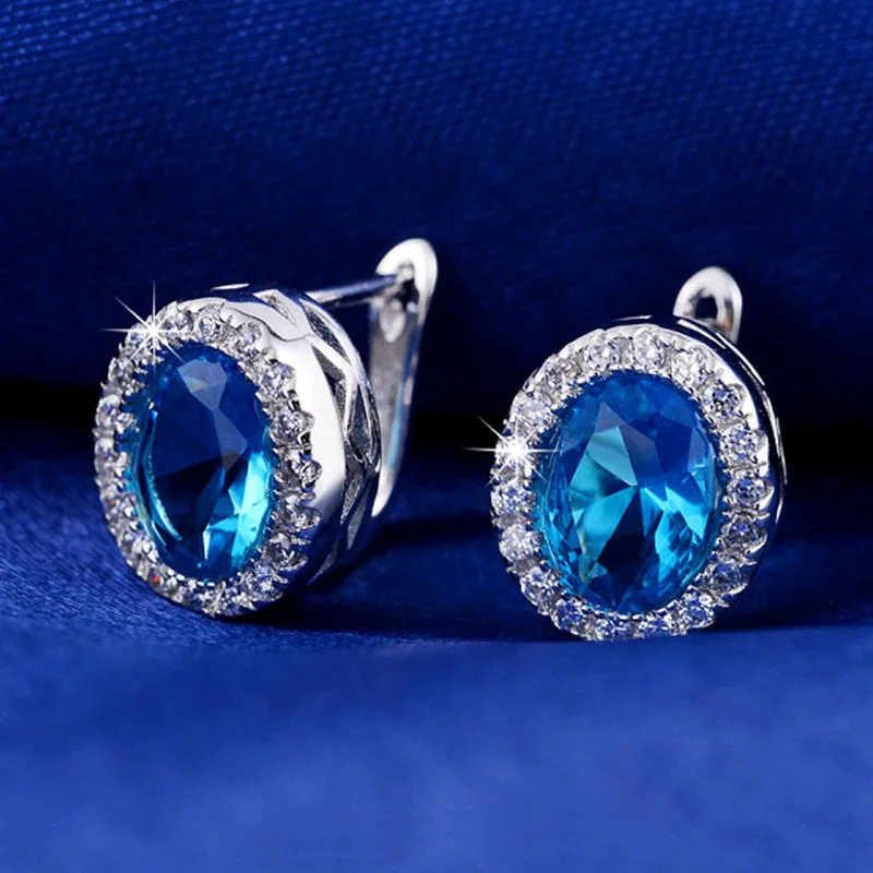 Fashion Platinum Plated Earring Stud with 3 ct Oval Cut Blue Zircon & Micro Paved Clear Zircon Women Earrings