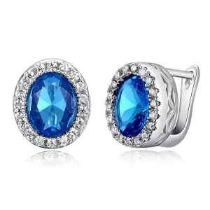 Fashion Platinum Plated Earring Stud with 3 ct Oval Cut Blue Zircon & Micro Paved Clear Zircon Women Earrings