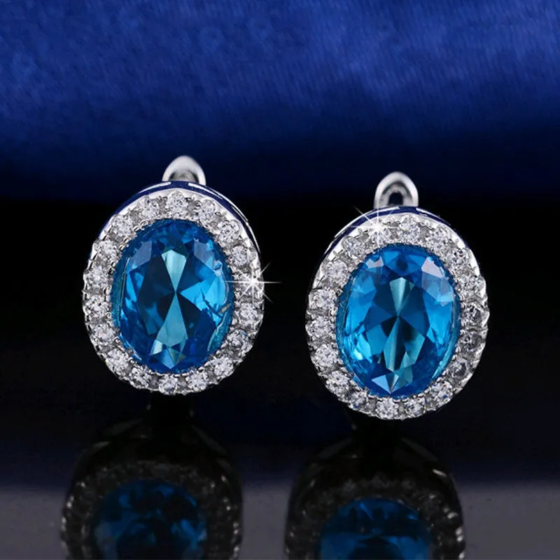 Fashion Platinum Plated Earring Stud with 3 ct Oval Cut Blue Zircon & Micro Paved Clear Zircon Women Earrings