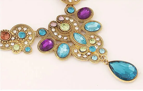 Fine Jewelry Long Blue Maxi Crystal Necklace for Women Vintage Gold Statement Necklaces & Pendants Indian Choker Colar