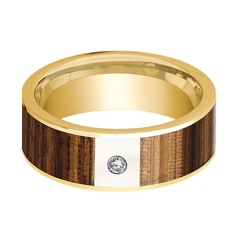 Flat 14k Yellow Gold Wedding Band for Men with Zebra Wood Inlay and White Diamond - 8MM