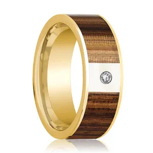 Flat 14k Yellow Gold Wedding Band for Men with Zebra Wood Inlay and White Diamond - 8MM