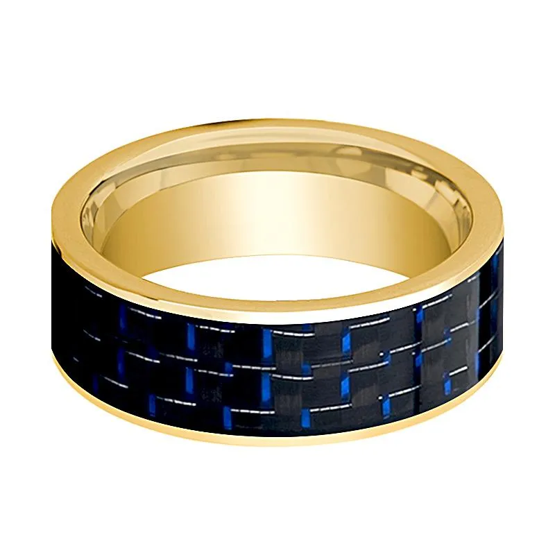 Flat Polished 14k Gold Wedding Band for Men with Blue and Black Carbon Fiber Inlay - 8MM