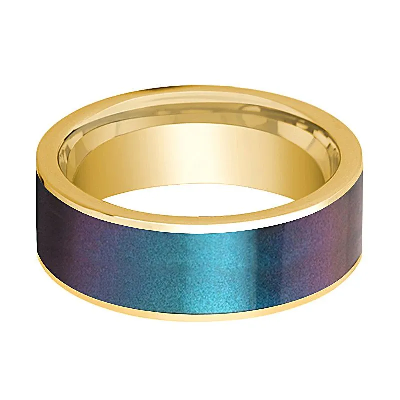 Flat Polished 14k Yellow Gold Men's Wedding Band with Blue/Purple Color Changing Inlay - 8MM