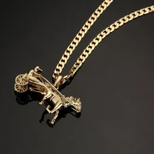 Gold Gypsy Horse & Cart Pendant 20/24 Inch 4mm Cuban Chain