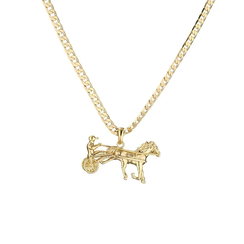 Gold Gypsy Horse & Cart Pendant 20/24 Inch 4mm Cuban Chain