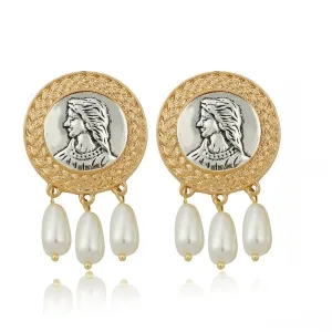 Gold Tone Pearl Bead Hanging Round Girl Embellished Stud Earrings JLT12873