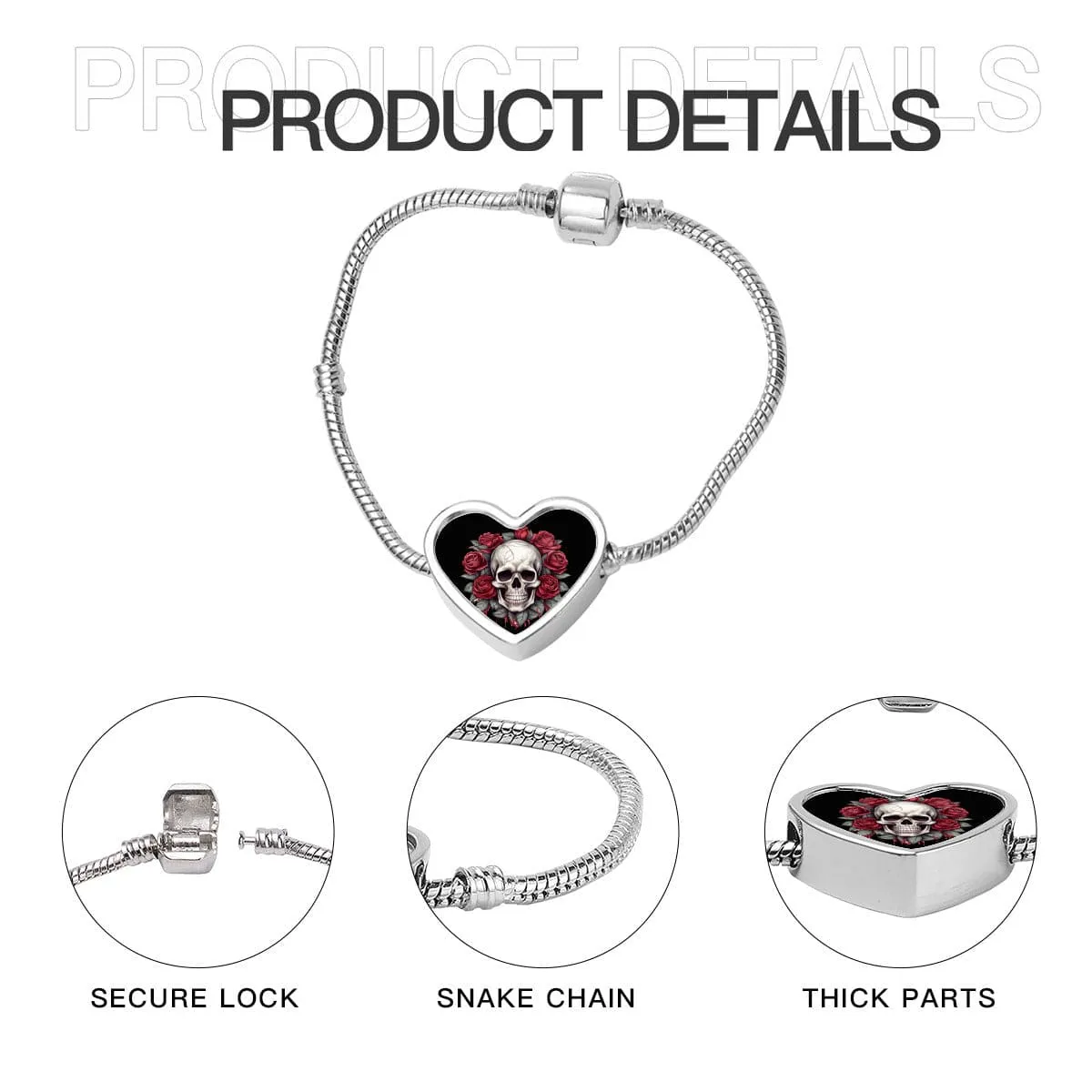 Gothic Rose Heart Shaped Photo Snake Bone Bracelet