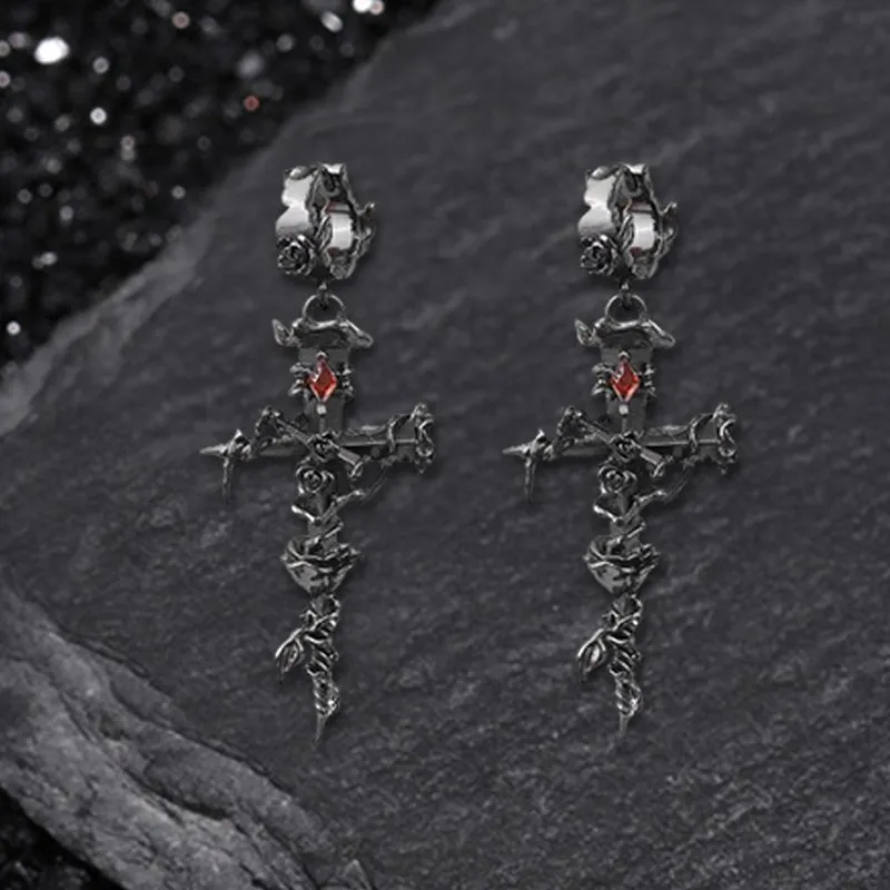 Gothic Thorns Rose Nails Cross Copper Stud Earrings