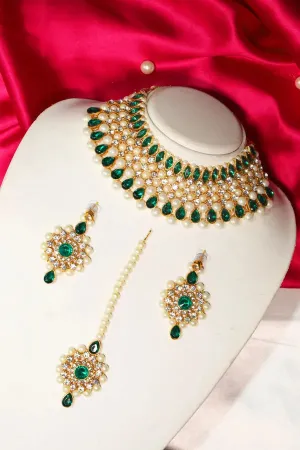 Green Premium Stylish Gold Plated Jewellery Set With Earring