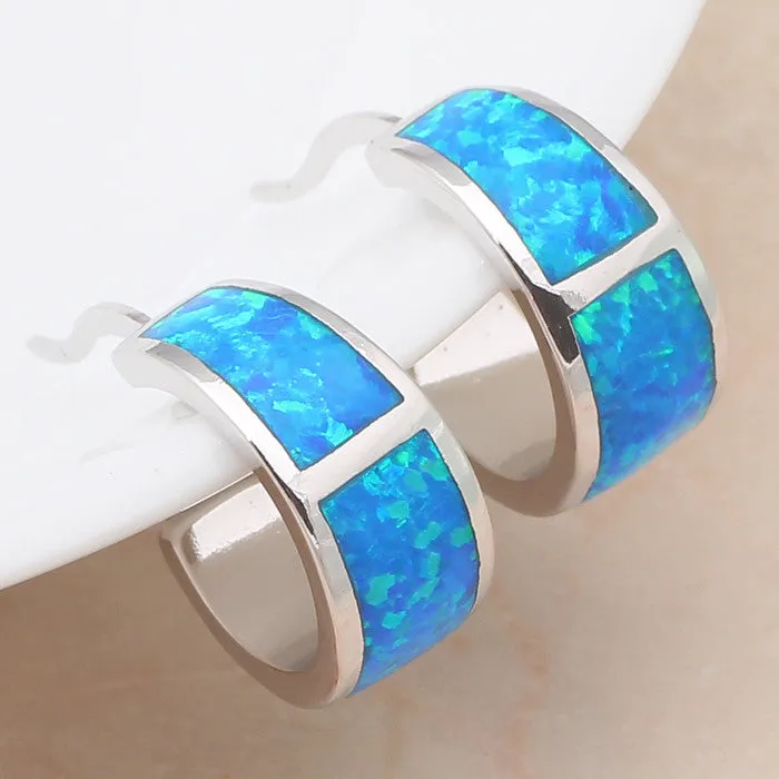 High Quality Blue Fire Opal Silver Stamped Hoop Earrings Fashion Jewelry Opal Jewelry Gifts