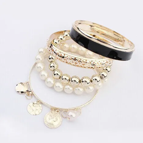 Hollow Imitation Pearl Coins Element Avatar Statement Charm Multilayer Bangle and Bracelet Fashion Jewelry