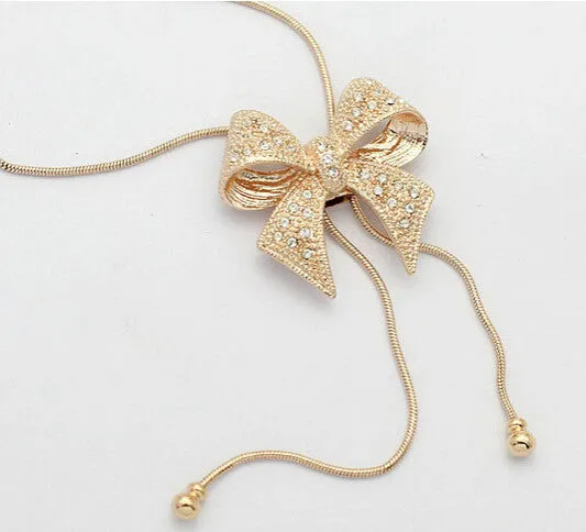 Hot Fashion Noble Alloy Rhinestone Bow Necklace Long Sweater Chain Pendant Necklace