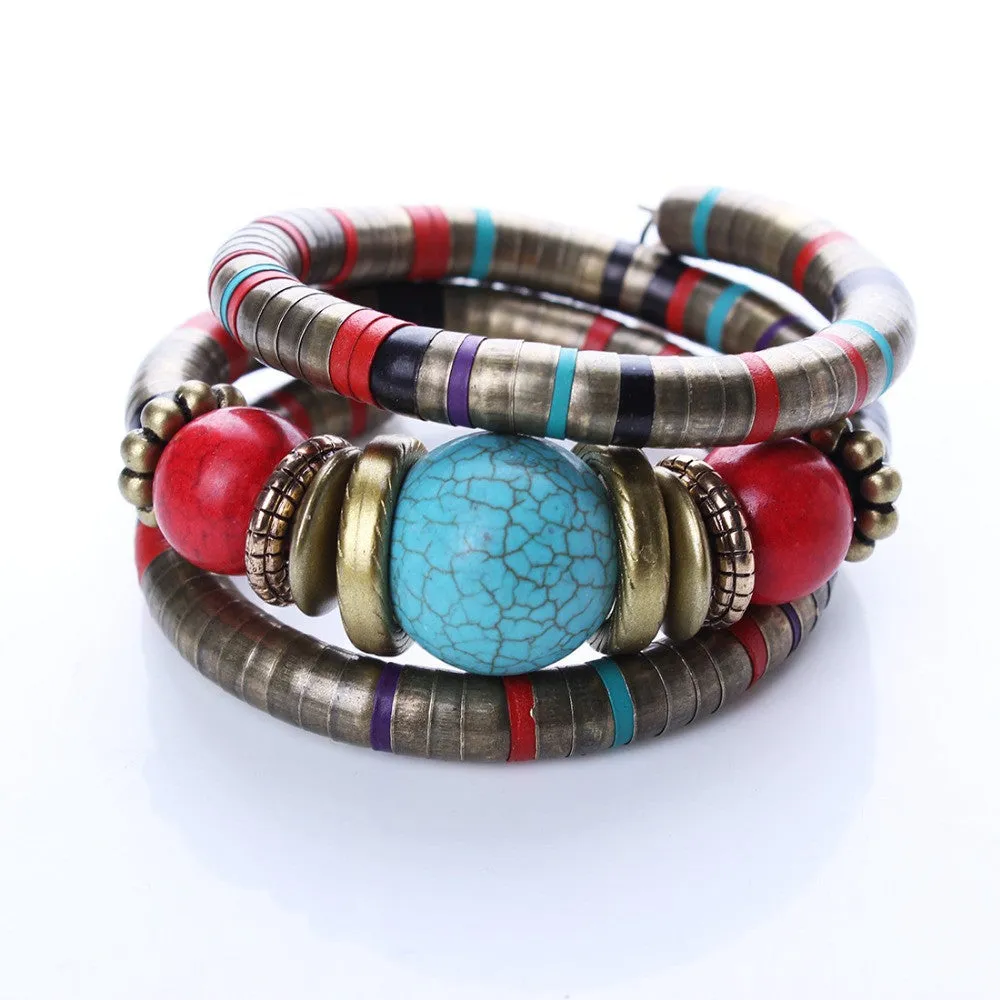 Hot Sale Fashion Jewelry Tibetan Silver Bracelets & BanglesTurquoise Inlay Roundness Bead Adjust Bangle