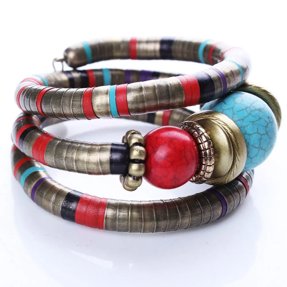 Hot Sale Fashion Jewelry Tibetan Silver Bracelets & BanglesTurquoise Inlay Roundness Bead Adjust Bangle