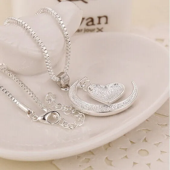 Hot Sale Polish Moon Heart With I love You Letter Pendant Necklace Women Chain Necklaces Jewelry Gifts