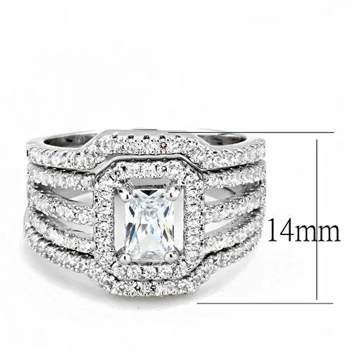 Jewellery Kingdom Ladies Cubic Zirconia Emerald Cut Engagement Wedding Band 3pcs Rhodium Ring Set