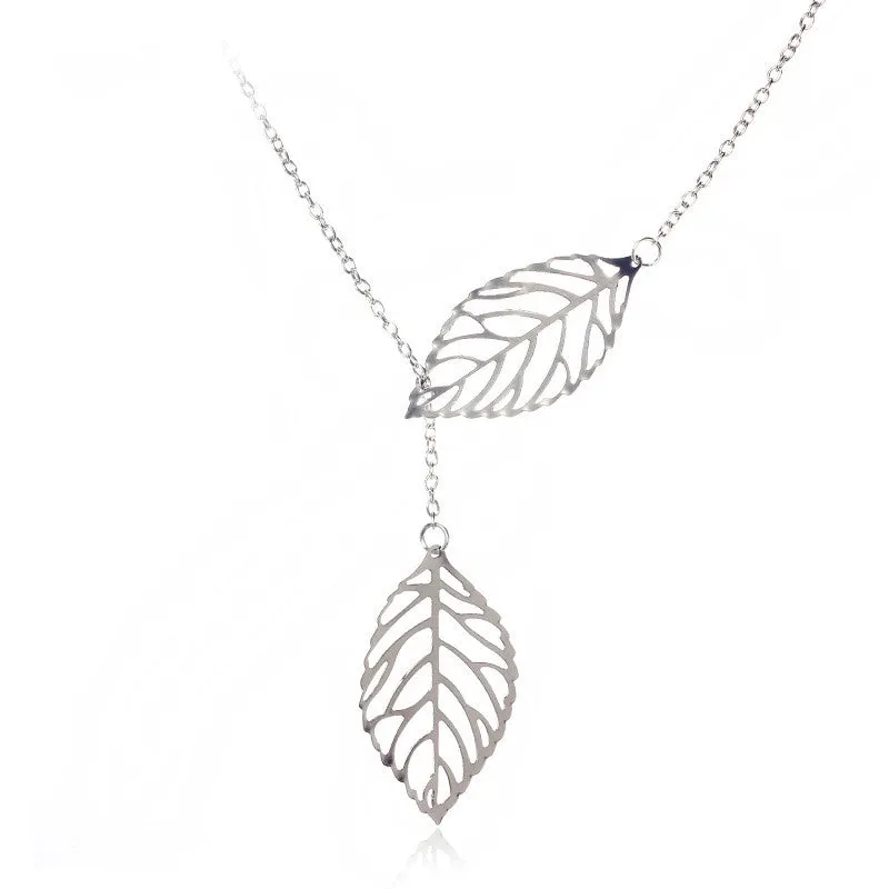 Jewelry Fashion Metal Leaves Double Leaf Short Chain Necklaces Clavicle