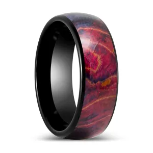 KEMPS | Black Tungsten Ring, Burl Wood Inlay, Domed