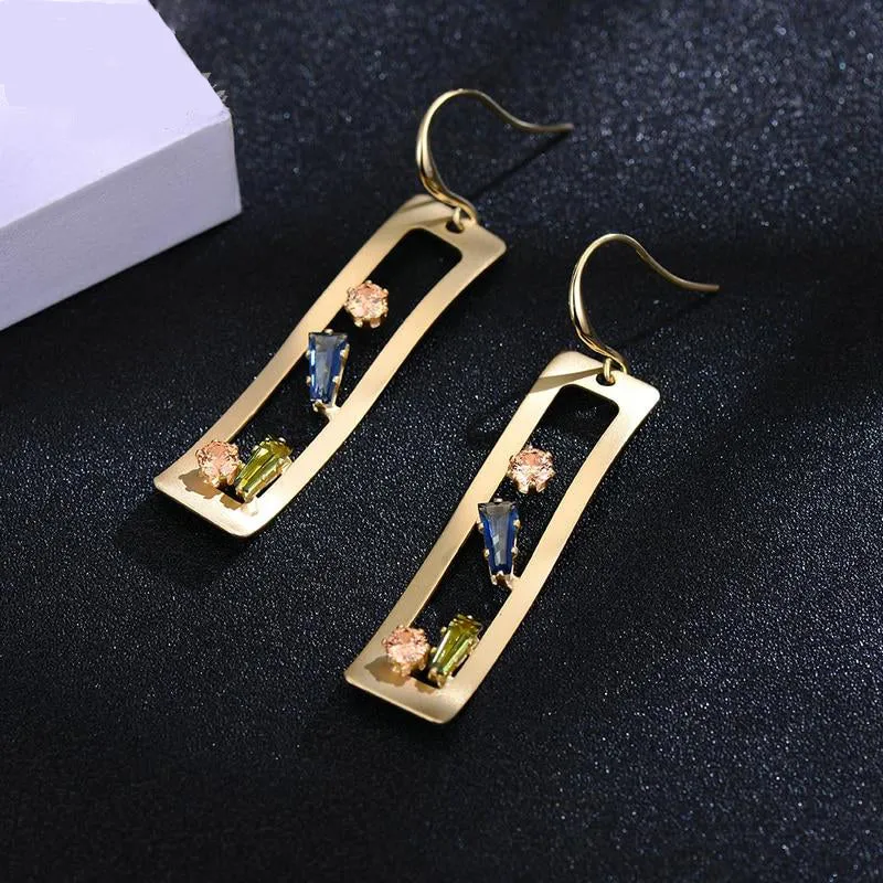 Korean Crystal Geometric Hollow Square Dangle Woman Drop Earrings